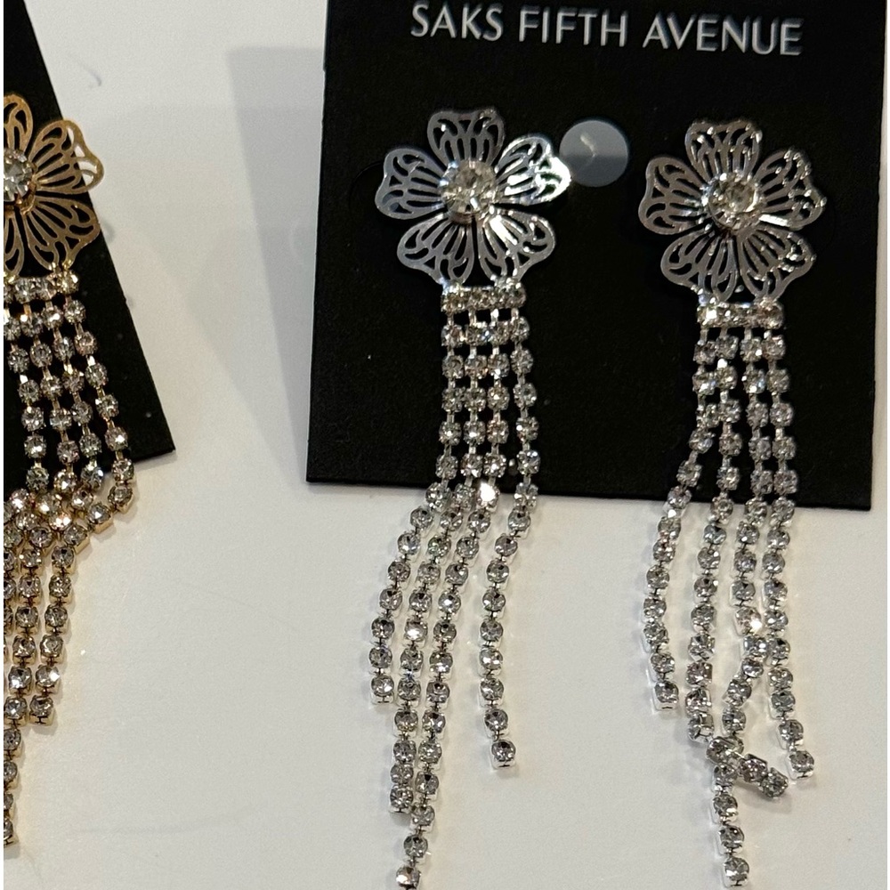 Saks Fifth Avenue Silver Tone Filigree Flower Crystals Dangling Post Earrings